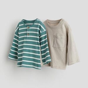 H&M 2-Pack Cotton Striped Green and Beige Shirts Size 18M
